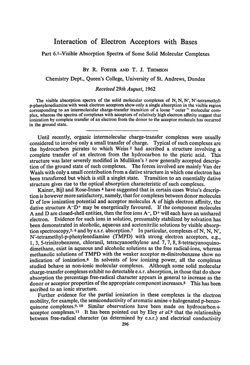 Interaction of electron acceptors with bases. Part 6.–Visible absorption spectra of some solid molecular complexes