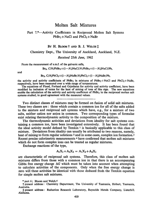 Molten salt mixtures. Part 7.—Activity coefficients in reciprocal molten salt systems PbBr2+ NaCl and PbCl2+ NaBr