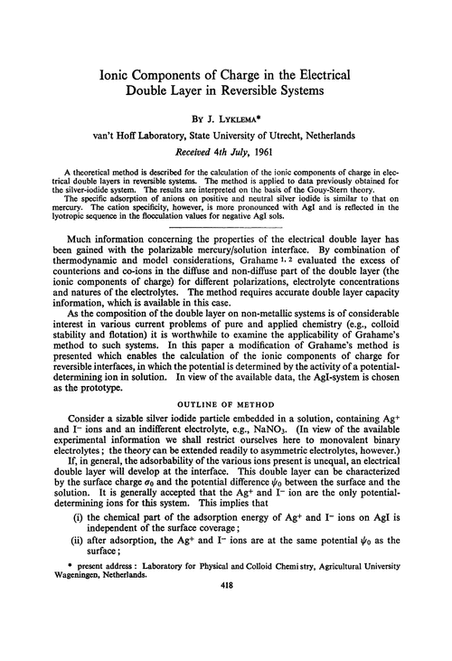 Ionic components of charge in the electrical double layer in reversible systems