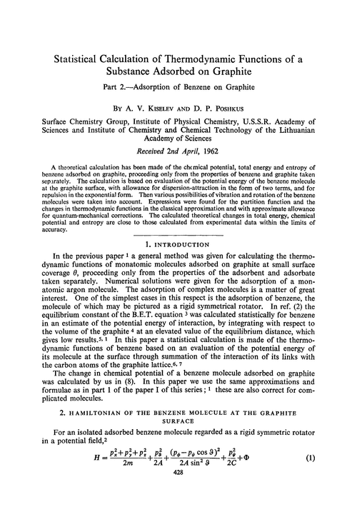 Statistical calculation of thermodynamic functions of a substance adsorbed on graphite. Part 2.—Adsorption of benzene on graphite