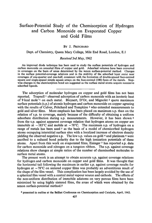 Surface-potential study of the chemisorption of hydrogen and carbon monoxide on evaporated copper and gold films