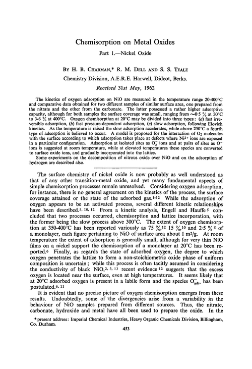 Chemisorption on metal oxides. Part 1.—Nickel oxide