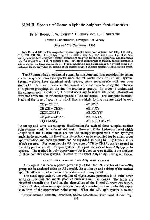N.M.R. spectra of some aliphatic sulphur pentafluorides