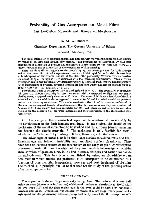 Probability of gas adsorption on metal films. Part 1.—Carbon monoxide and nitrogen on molybdenum