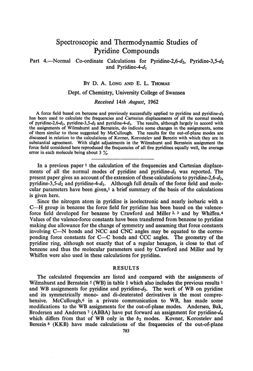 Spectroscopic and thermodynamic studies of pyridine compounds. Part 4.—Normal co-ordinate calculations for pyridine-2,6-d2, pyridine-3,5-d2 and pyridine-4-d1