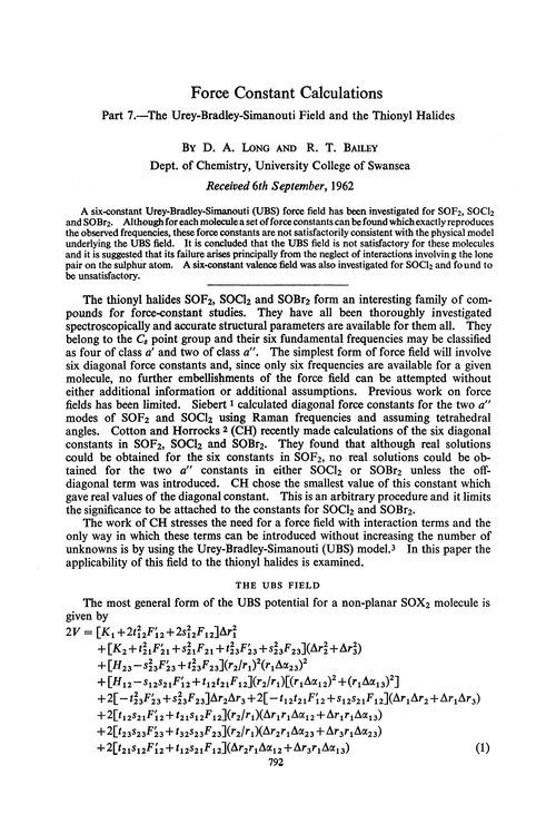 Force constant calculations. Part 7.—The Urey-Bradley-Simanouti field and the thionyl halides