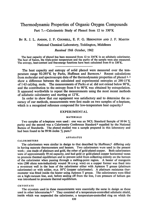 Thermodynamic properties of organic oxygen compounds. Part 7.—Calorimetric study of phenol from 12 to 330°K