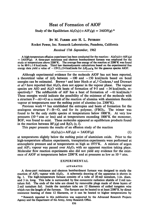 Heat of formation of AlOF. Study of the equilibrium Al2O3(c)+ AlF3(g)= 3AlOF(g)