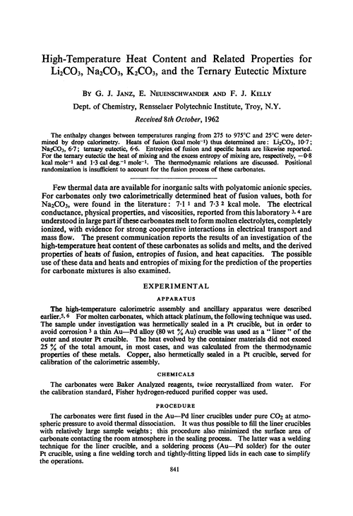 High-temperature heat content and related properties for Li2CO3, Na2CO3, K2CO3, and the ternary eutectic mixture