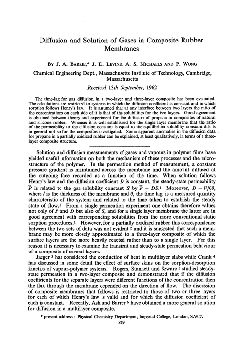 Diffusion and solution of gases in composite rubber membranes