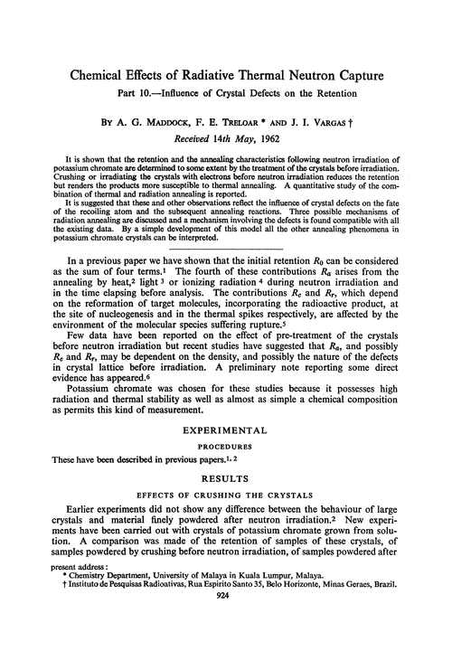 Chemical effects of radiative thermal neutron capture. Part 10.—Influence of crystal defects on the retention