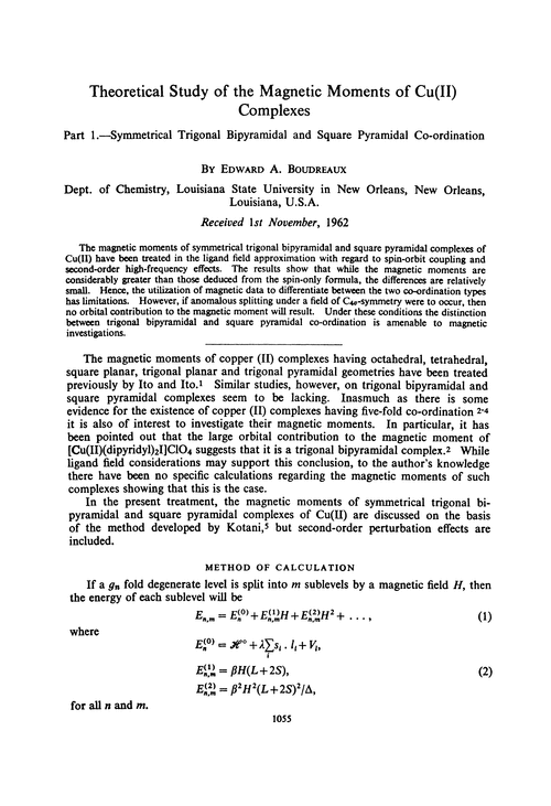 Theoretical study of the magnetic moments of Cu(II) complexes. Part 1.—Symmetrical trigonal bipyramidal and square pyramidal co-ordination