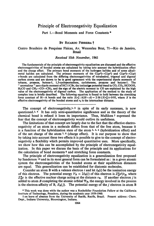 Principle of electronegativity equalization. Part 1.—Bond moments and force constants