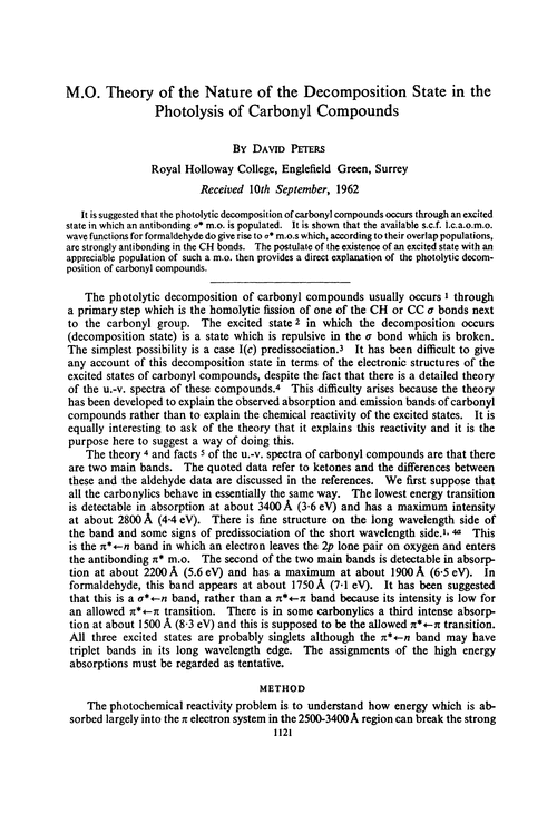 M.O. theory of the nature of the decomposition state in the photolysis of carbonyl compounds