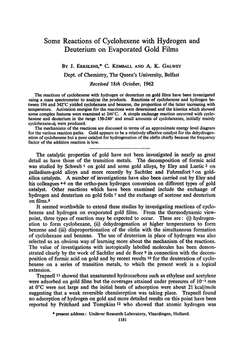 Some reactions of cyclohexene with hydrogen and deuterium on evaporated gold films