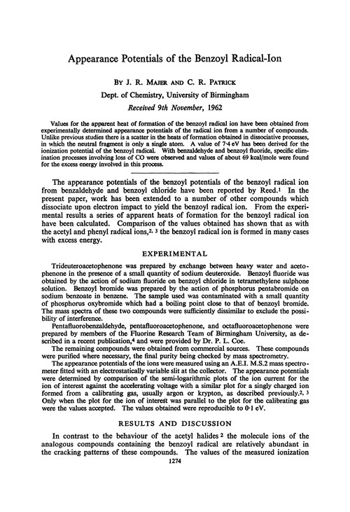 Appearance potentials of the benzoyl radical-ion