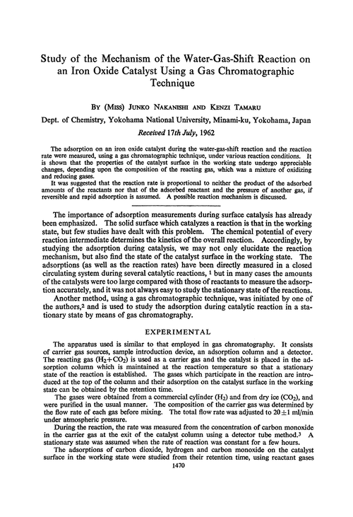 Study of the mechanism of the water-gas-shift reaction on an iron oxide catalyst using a gas chromatographic technique
