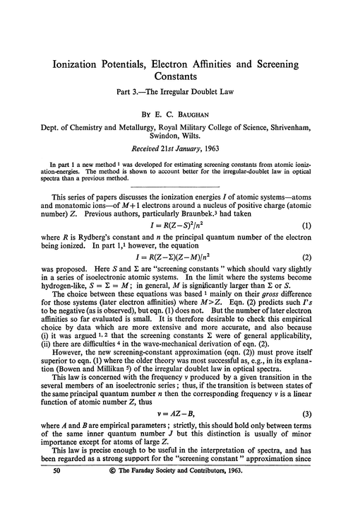 Ionization potentials, electron affinities and screening constants. Part 3.—The irregular doublet law