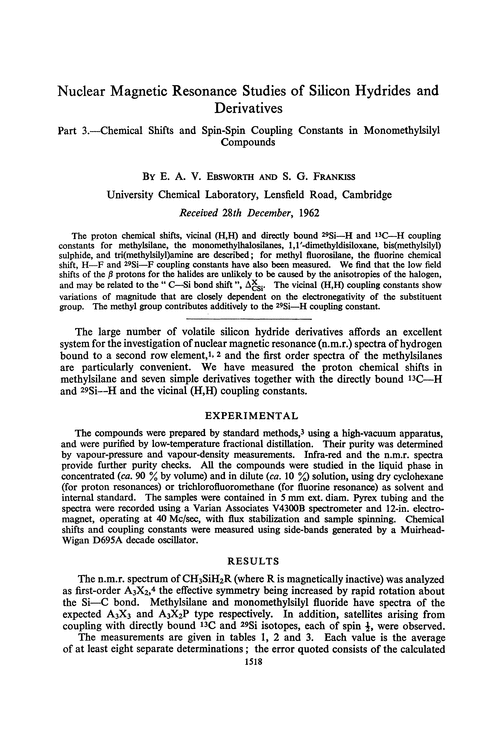 Nuclear magnetic resonance studies of silicon hydrides and derivatives. Part 3.—Chemical shifts and spin-spin coupling constants in monomethylsilyl compounds