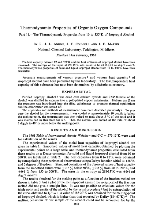 Thermodynamic properties of organic oxygen compounds. Part 11.—The thermodynamic properties from 10 to 330° K of isopropyl alcohol