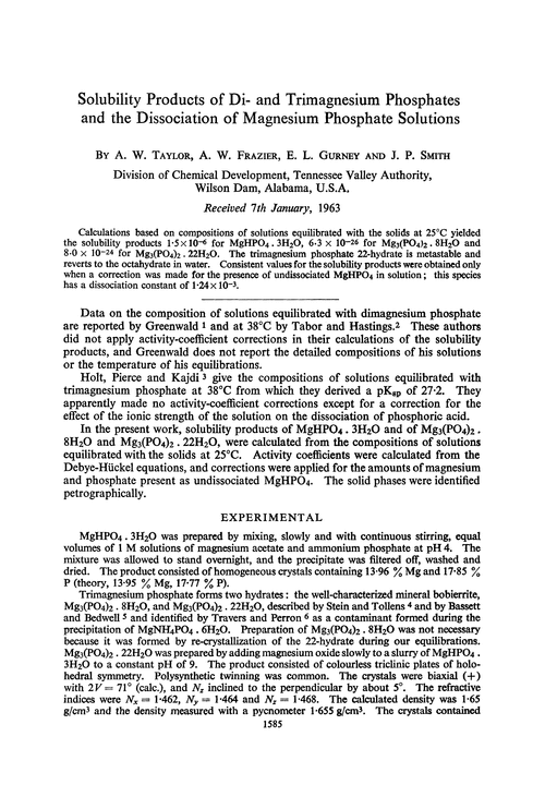 Solubility products of di- and trimagnesium phosphates and the dissociation of magnesium phosphate solutions