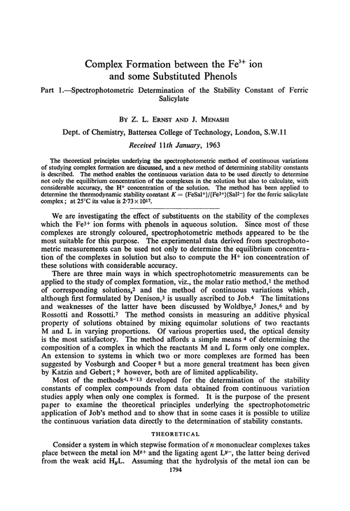 Complex formation between the Fe3+ ion and some substituted phenols. Part 1.—Spectrophotometric determination of the stability constant of ferric salicylate