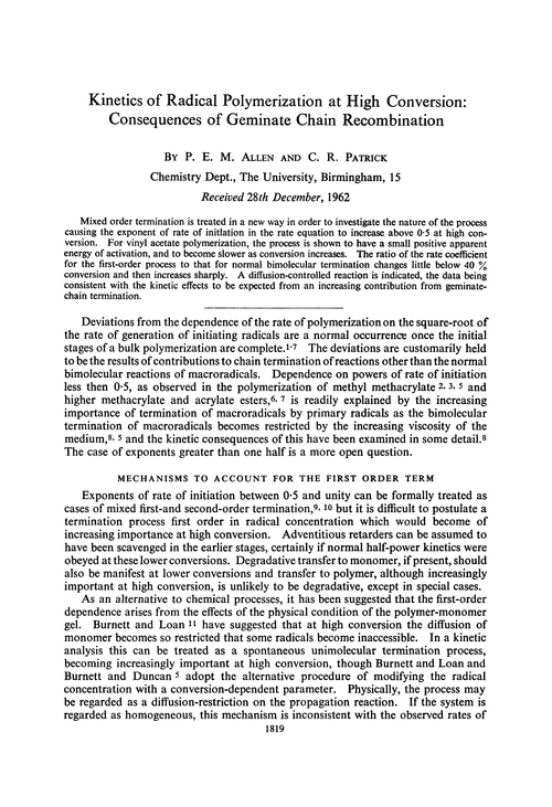 Kinetics of radical polymerization at high conversion: consequences of geminate chain recombination