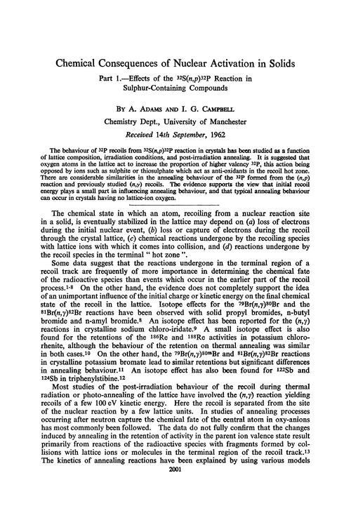 Chemical consequences of nuclear activation in solids. Part 1.—Effects of the 32S(n,p)32P reaction in sulphur-containing compounds