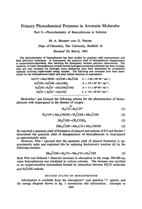 Primary photochemical processes in aromatic molecules. Part 9.—Photochemistry of benzophenone in solution