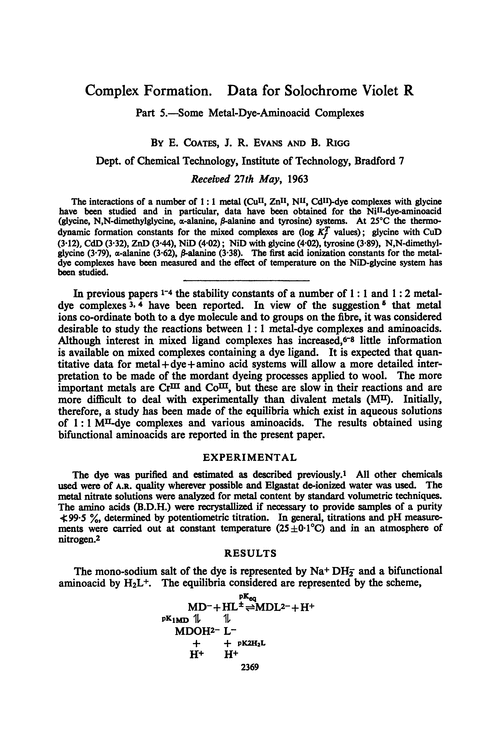 Complex formation. Data for Solochrome Violet R. Part 5.—Some metal-dye-aminoacid complexes