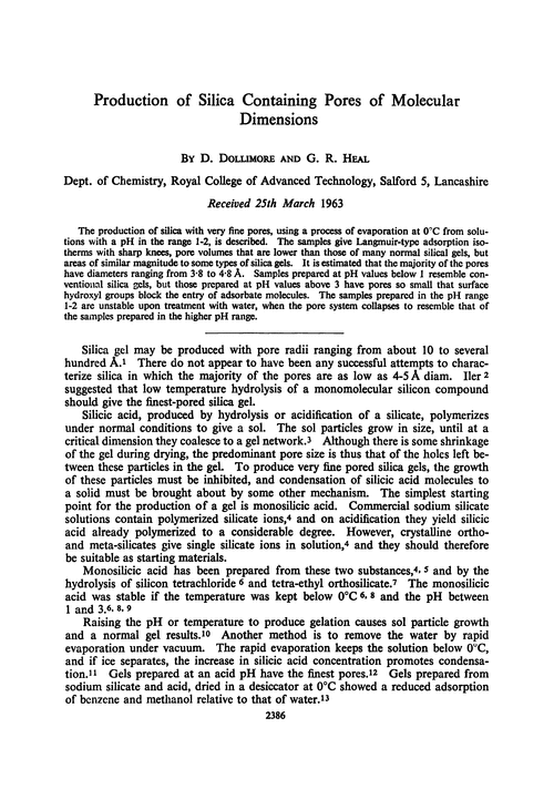 Production of silica containing pores of molecular dimensions