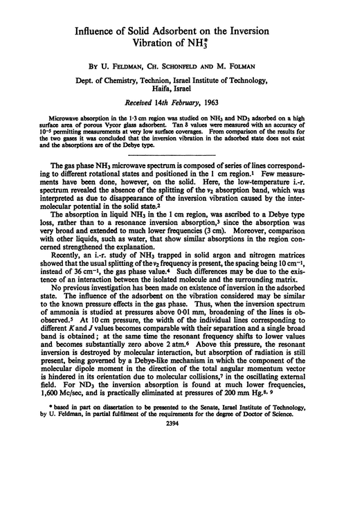 Influence of solid adsorbent on the inversion vibration of NH3