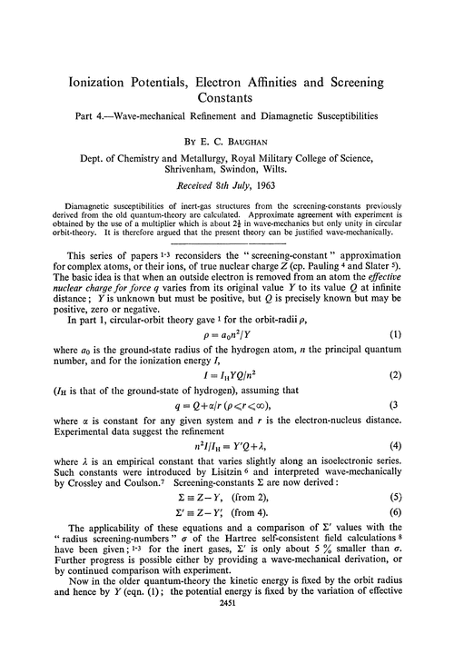 Ionization potentials, electron affinities and screening constants. Part 4.—Wave-mechanical refinement and diamagnetic susceptibilities