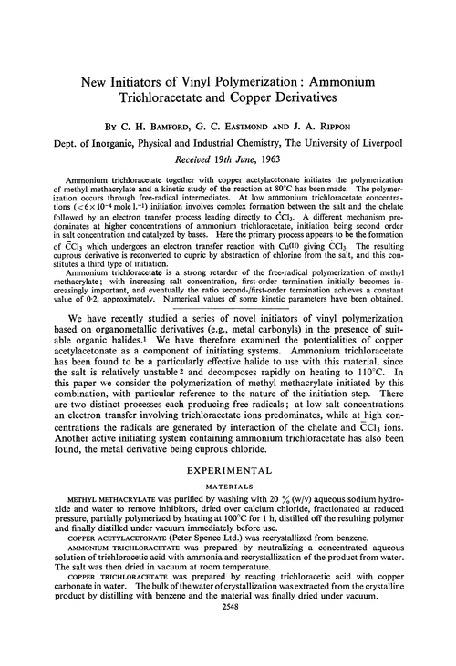 New initiators of vinyl polymerization: ammonium trichloracetate and copper derivatives