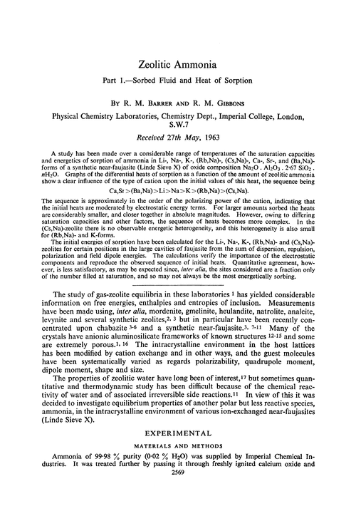 Zeolitic ammonia. Part 1.—Sorbed fluid and heat of sorption