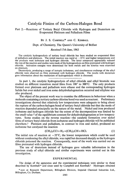 Catalytic fission of the carbon-halogen bond. Part 2.—Reactions of tertiary butyl chloride with hydrogen and deuterium on evaporated platinum and palladium films