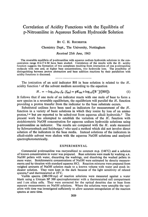 Correlation of acidity functions with the equilibria of p-nitroaniline in aqueous sodium hydroxide solution