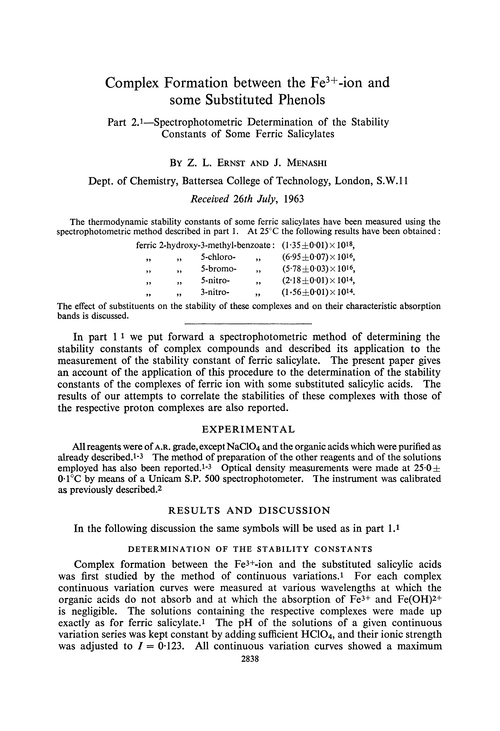 Complex formation between the Fe3+-ion and some substituted phenols. Part 2.—Spectrophotometric determination of the stability constants of some ferric salicylates