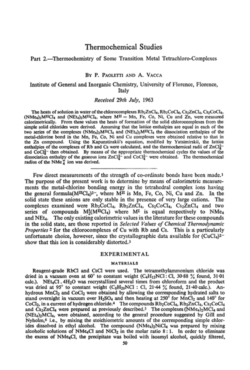 Thermochemical studies. Part 2.—Thermochemistry of some transition metal tetrachloro-complexes