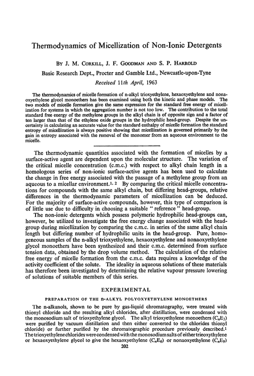 Thermodynamics of micellization of non-ionic detergents