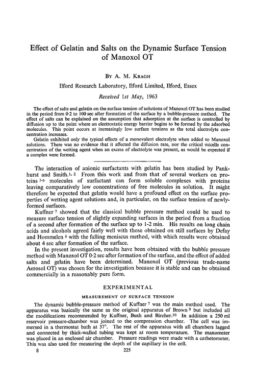 Effect of gelatin and salts on the dynamic surface tension of manoxol OT