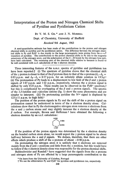 Interpretation of the proton and nitrogen chemical shifts of pyridine and pyridinium cation