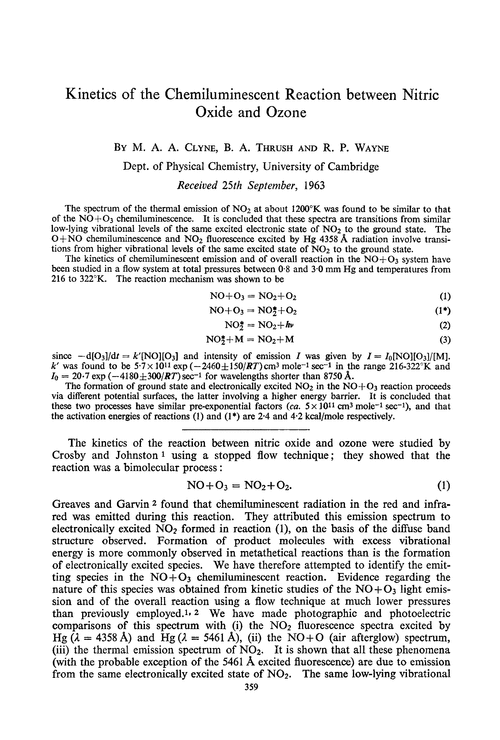 Kinetics of the chemiluminescent reaction between nitric oxide and ozone