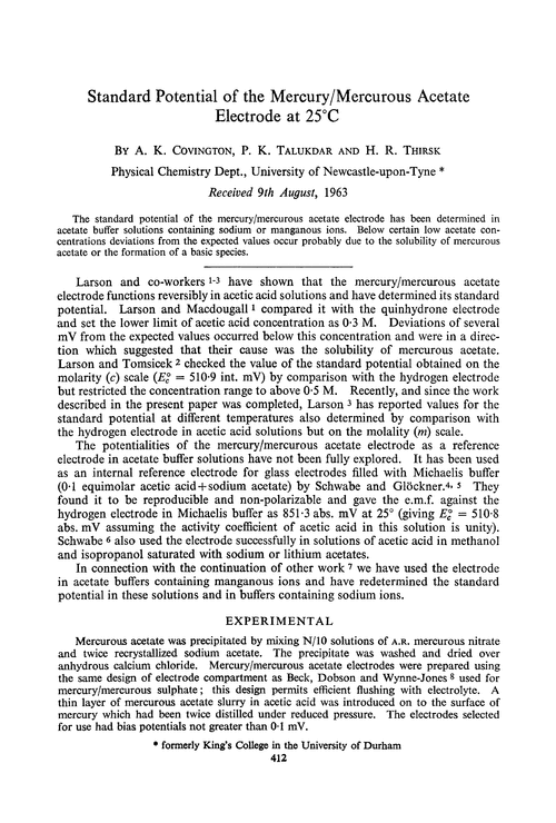 Standard potential of the mercury/mercurous acetate electrode at 25°C