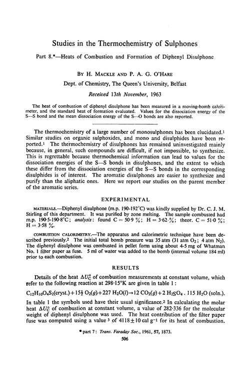 Studies in the thermochemistry of sulphones. Part 8.—Heats of combustion and formation of diphenyl disulphone