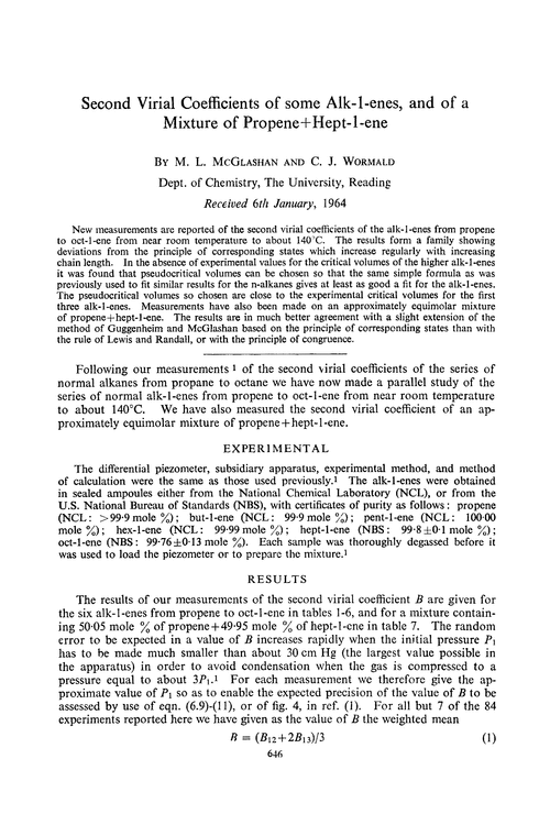 Second virial coefficients of some alk-1-enes, and of a mixture of propene + hept-1-ene