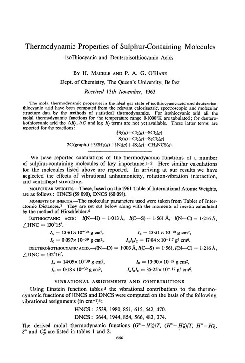 Thermodynamic properties of sulphur-containing molecules. isothiocyanic and deuteroisothiocyanic acids