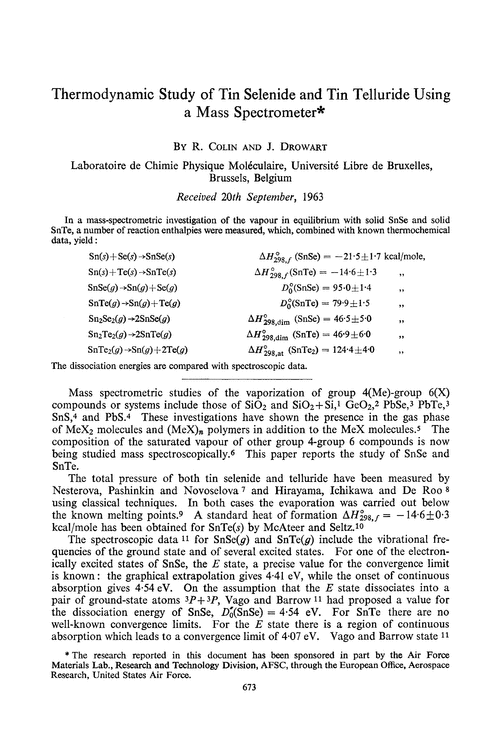 Thermodynamic study of tin selenide and tin telluride using a mass spectrometer