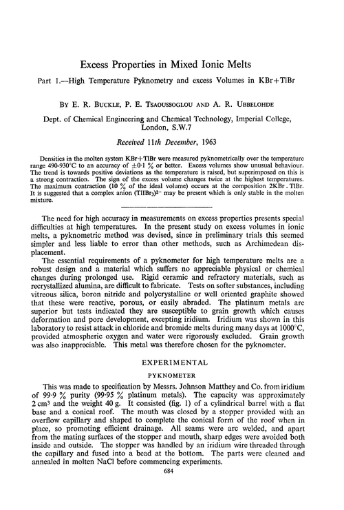 Excess properties in mixed ionic melts. Part 1.—High temperature pyknometry and excess volumes in KBr + TlBr