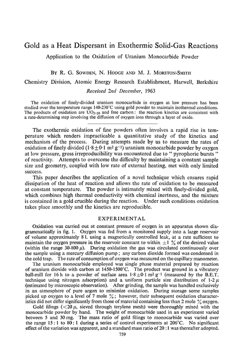 Gold as a heat dispersant in exothermic solid-gas reactions. Application to the oxidation of uranium monocarbide powder